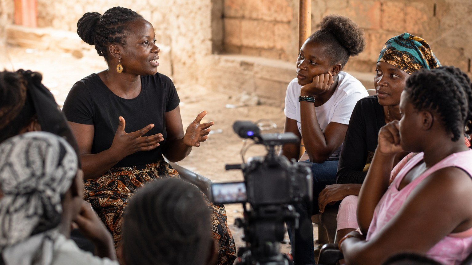 Documentary crew filming a women-led community gathering