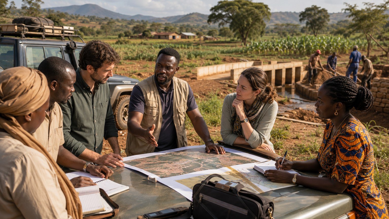 African production studio team planning around a world map with camera equipment nearby